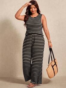 Elaquor Plus Size Women's Round Neck Striped Colorblock Top And Wide Leg Pants Casual Daily 2-Piece Set - Black and White - View 7