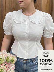SHEIN MOD 大码女式纯棉彼得潘领修身泡泡袖短袖衬衫，夏季短袖上衣 - 白色 - 查看 5