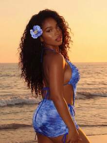 Elavelle 26SS Spring/Summer Blue & White Tie-Dye Cutout One-Piece Swimsuit With Bodycon Skirt 2 Pieces Swimwear Set - Multicolor - View 4