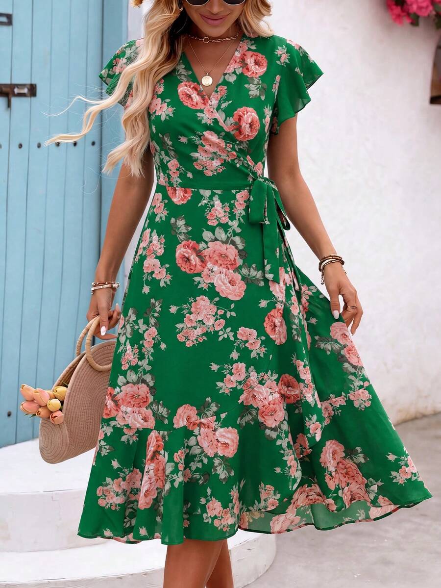 SHEIN Holidaya 女款花卉印花裹身式中長裙長洋裝女裝套裝 - 綠色 - 查看 1