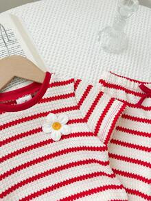 SHEIN 女童圓領條紋T恤蝴蝶結長褲針織套裝 - 紅色 - 查看 4