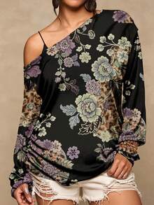Freevana Plus Size Women's Casual Minimalist Floral Print T-Shirt Suitable For All Seasons Sexy One-Shoulder Design With Vintage Print Vacation Outfits Women - Multicolor - View 1