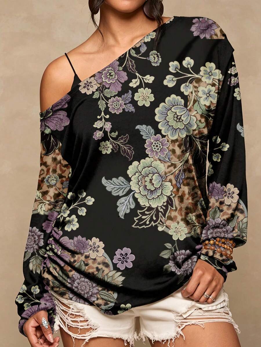 Freevana Plus Size Women's Casual Minimalist Floral Print T-Shirt Suitable For All Seasons Sexy One-Shoulder Design With Vintage Print Vacation Outfits Women - Multicolor - View 1