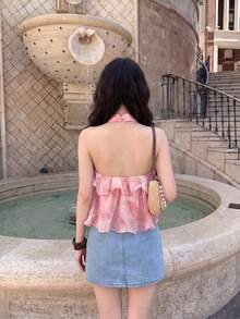 SHEIN MOD Women's Light Pink Summer Elegant Dinner Date Tie-Dye Print Multi-Layer Ruffle Backless Halter Top,Beach Vacation Party Ceremony Tiered Frilly Top - Pink - View 3