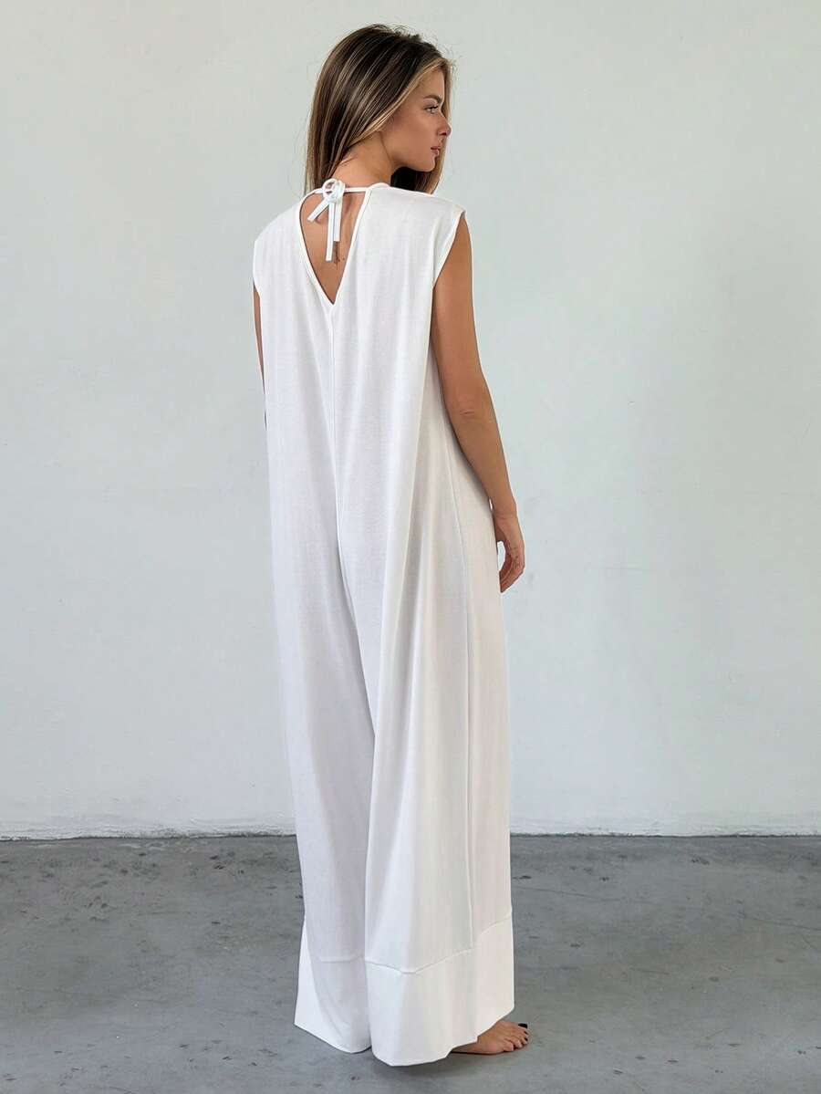 Livesso Women's Solid Color Casual Daily Home Wear Jumpsuit Wide Leg Pants Pajamas - White - View 1