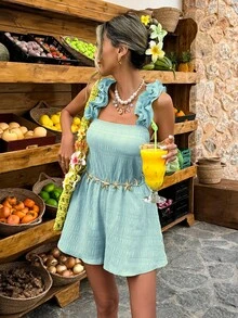 Selianne Olive Green Ruffle Strap Bandeau Short Jumpsuit, Textured Fabric, Casual Vacation Style, Spring/Summer, Standard Size - Baby Blue - View 6