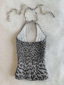 IslaSuriya Top de verano vintage con estampado de leopardo y cuello halter, top para mujer con decoración de strass y remaches de metal - Gris - Ver 2
