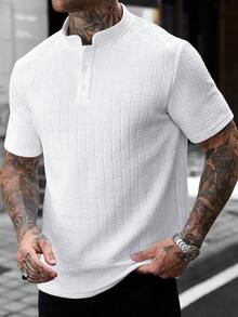 Manfinity CasualCool Men's Textured Button Half-Placket Short Sleeve Polo Shirt For Vacation - White - View 3