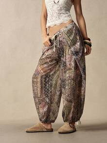 Bohemela Spring/Summer Vacation Casual Solid Color Woven Loose Wide Leg Women's Long Pants - Mustard Yellow - View 2
