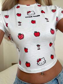 CovetEZ HELLO KITTY AND FRIENDS | SHEIN 休閒簡約圖案圓領短袖修身短版女款T恤 - 白色 - 查看 5