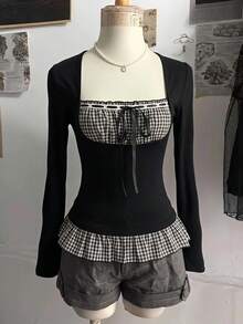 Attitoon Casual Minimalist Daily Versatile Vintage Party Gathering Airport Outfit Y2K Tops, Black And White Plaid Bow Patchwork Slim Fit Waist, Women's Summer Outfit, Dating, Afternoon Tea, Vacation, Street, Outing, Women's Blouse - Black - View 3