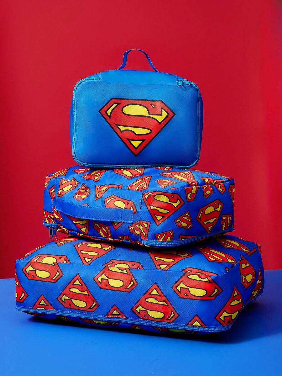 SUPERMAN X SHEIN Logo Printed Polyester Travel Storage Bag, Sorting Organizer, Multiple Sizes Available, - blue-red - View 1