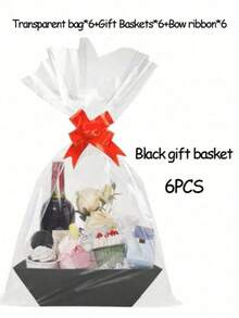 6/12 Piece Gift Basket Set, Multiple Colors Available,Christmas Hollow Gift Baskets, Including Bows, Plastic Bags, And Kraft Paper Market Tray Cardboard Baskets For DIY  Holiday Gift Wrapping, Shelf-Style Gift Baskets, Suitable For Halloween - Multicolor - View 27