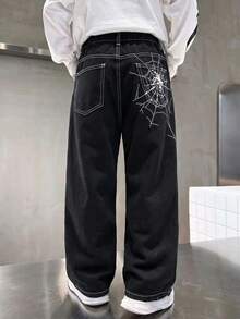 SHEIN 男童牛仔長褲，夏季，柔軟，棉質，休閒，時尚，百搭，舒適，極簡，彈性腰帶，後方蜘蛛網刺繡，寬鬆直筒版型，黑色水洗牛仔長褲，適合日常穿著與度假 - 黑色 - 查看 5