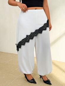 Auralis Plus Size Women's Contrast Lace 2 In 1 Elegant Pants - White - View 2