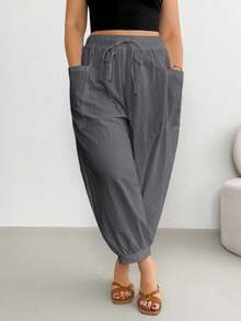 Shapeblank Pantalones de talla grande casuales versátiles de unicolor con doble bolsillo - Gris - Ver 4