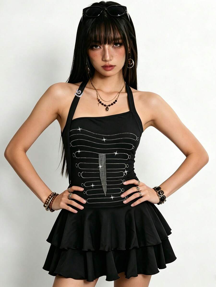 Rina Fox Women's Rhinestone Design Fashion Double Layer Ruffle Hem Halter Neck Dress - Black - View 1