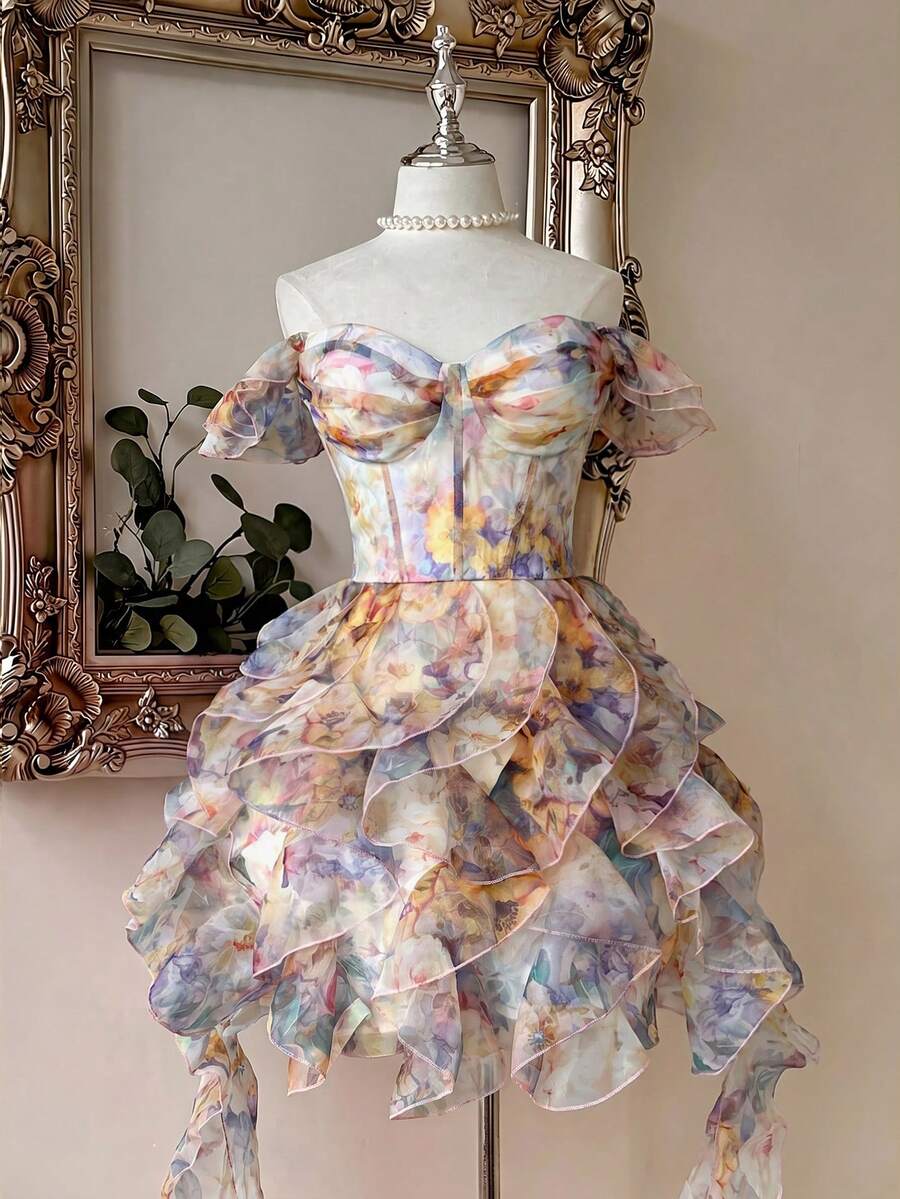 Lovelzi Elegant Romantic Vacation Glossy Shimmer Floral Strapless Off-Shoulder Ruffle Sleeve Bustier High Waist Slimming Asymmetrical Multi-Layered Ruffle Puff A-Line Skirt Extra Long Decorative Jellyfish Hem Back Adjustable Tie Strap Dress For Date Vacation Beach Wedding Event Graduation Homecoming Spring Summer Elegant Party Women Wedding Guest Gathering - Apricot - View 1