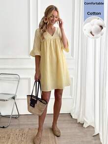 Easowa Women's V-Neck Pleated Casual Cute Elegant Sexy Everyday Dress Vacation Pastal Autumn Cotton Comfortable Beach Garden Party Brunch Golf Light Yellow - Light Yellow - View 5