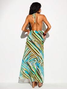 Femmeiva Color Block Striped Halter V-Neck Dress, Ruched Waist Layered Ruffle Dress, Sexy Beach Vacation Vibe Long Dress - Multicolor - View 5