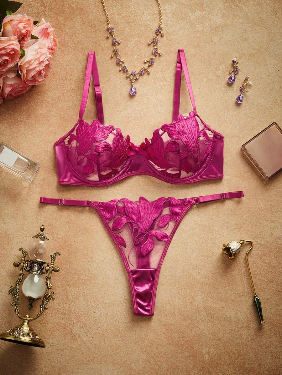 Women Fashionable Flower Printed Sexy Lingerie Set - Purple - View 1