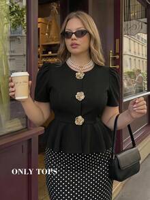 SHEIN MOD Plus Size 3D Floral Decor Ruffle Hem Black Top, Commuter Elegant, Urban Modern, Minimalist Vintage - Black - View 9