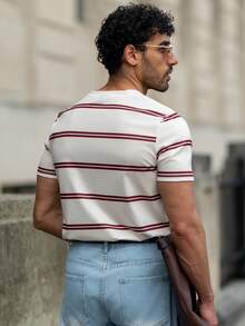 YOUESAWY YOUESAWY Men's Casual Red Striped Pattern T-Shirt, Suitable For Summer, School, Outing, Friend Gift - Apricot - View 2