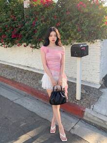 SHEIN MOD Women's Light Pink Summer Effortless Chic Date T-Shirt,Colorful Tie Dye Print Asymmetrical Shoulder 3D Flower Ruffle Hem Bodycon Floral Beach Tee - Multicolor - View 2