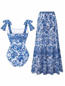 Swim Oasis 2 Peças/Conjunto Maiô Sexy Bandeau com Alça Dupla e Saia Longa de Tule para Mulheres, Roupa de Banho para Férias na Praia na Primavera/Verão, para Encontros e Litoral - Azul - Visão 2
