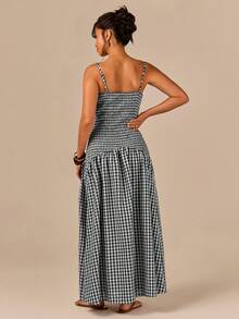 Athîral Women's V-Neck Plaid Pleated Casual Cottagecore Boho Party Picnic Vacation Travel Dress Black Gingham Summer - Black and White - View 2