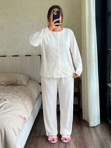 Minimalist Button Front Loungewear Pajama Set – Soft Two Pieces Long Sleeve Top & Wide Leg Pants In Solid White - Beige - View 4