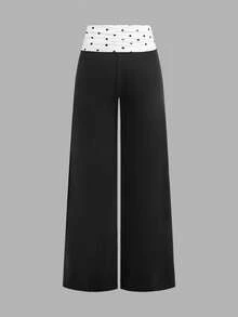 SHEIN Kids Teen Girls Pants Black Knitted Casual Street-Style Trousers Featuring A Contrasting-Color Polka Dot And English Letter Pattern,Back To School - Black and White - View 3