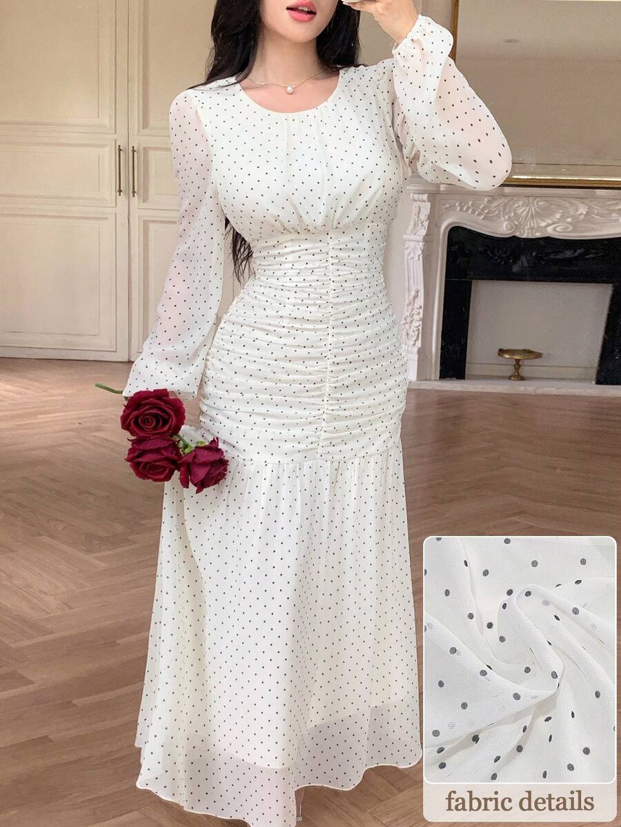 Modelyn Round Neck Ruched Waist White With Black Polka Dots Bodycon Chiffon Dress Date Night Autumn Romantic