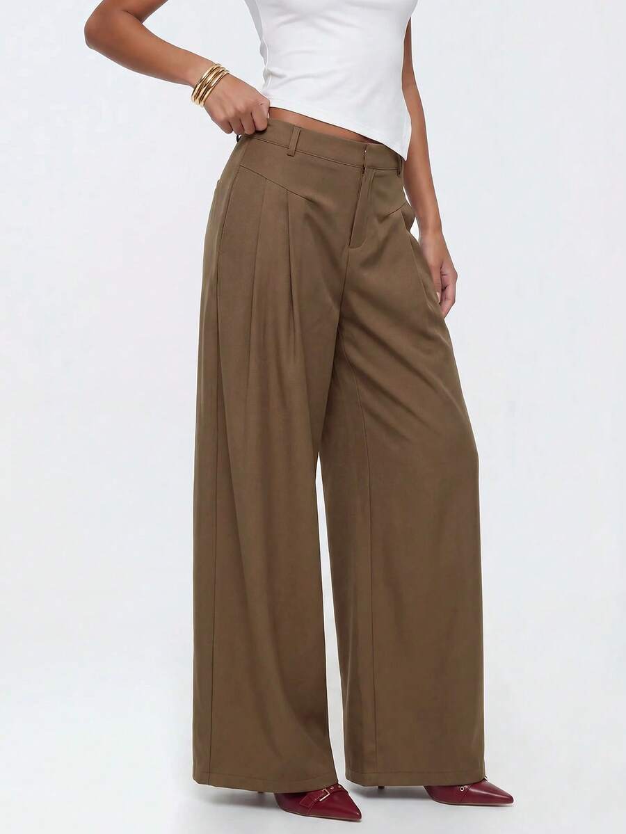 Avantive Women's Solid Color Pleated Wide Leg Loose Casual Long Pants - Cocoa - View 1
