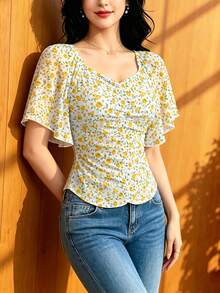 Modelyn 女款黃色碎花植物印花田園風上衣，夏季時尚方領百褶飄逸袖設計上衣，適合日常與外出穿著 - 彩色 - 查看 5