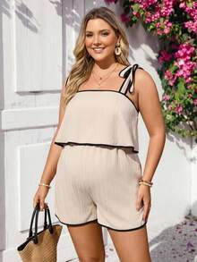 Plussiva Mono corto de tirantes para maternidad talla grande con ribete de bloques de color - Caqui - Ver 2