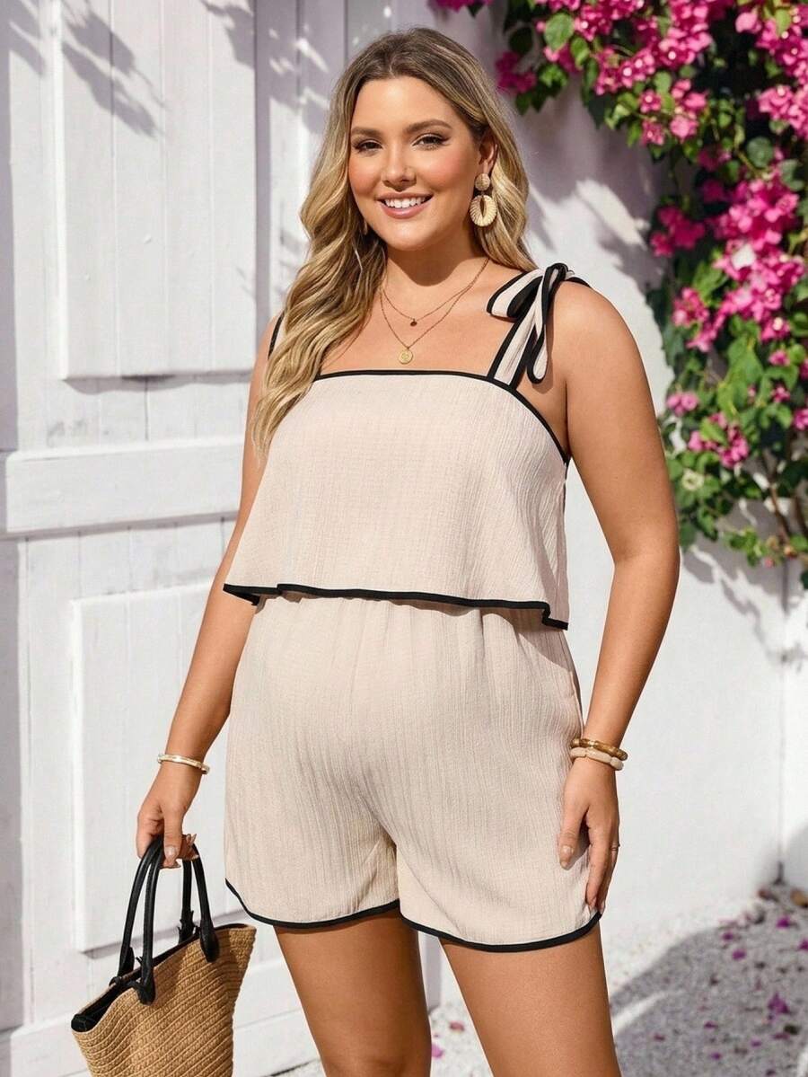 Plussiva Summer Outfit,Plus Size Maternity Colorblock Trim Cami Romper - Khaki - View 1
