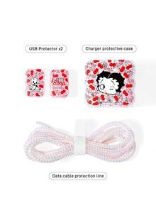 Betty Boop x SHEIN 3件組數據線保護套，適用於充電器，櫻桃印花圖案，充電器保護套（不含數據線） - 玫紅色 - 查看 4