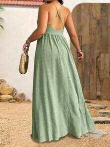 Sunserae Plus Size Women Summer Spaghetti Strap Textured Belt Beach Vacation Dress - Mint Green - View 2