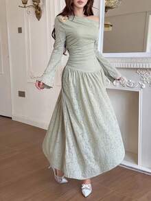 Feyla Vestido midi elegante de manga larga con hombro asimétrico y decoración floral 3D de metal para mujer - Verde - Ver 5