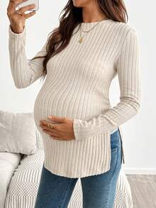SHEIN Maternity Solid Color Split Design Casual Versatile Everyday Formal Maternity Work T-Shirt Fall - Apricot - View 3