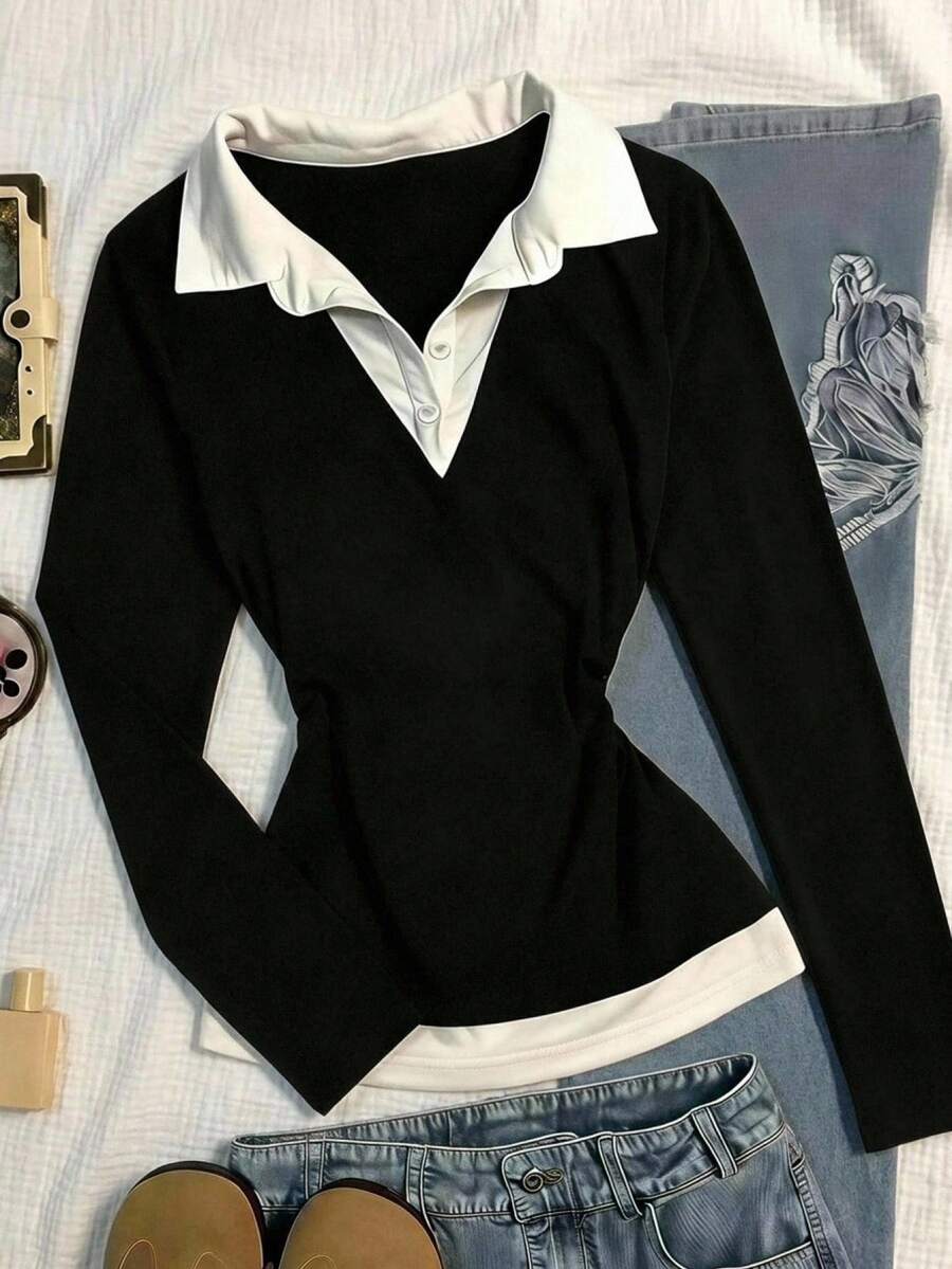 SHEIN 兒童青少年女童T恤 春秋冬季新款 黑白配色拼接 Polo領休閒學院風長袖T恤 開學季對比色領口長袖休閒百搭上衣 - 黑與白 - 查看 1