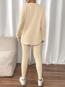 SHEIN Frenchy Drop Shoulder Ribbed Knit Tee & Leggings Textured Fabric Two Pieces - Apricot - View 2