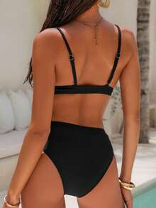 Swim Basics Summer Beach Rib Triangle High Waisted Bikini - Black - View 3