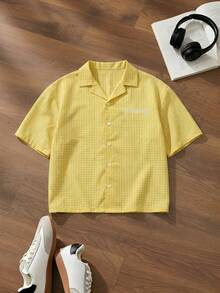 SWAVVY 男士字母刺繡單排扣休閒短袖襯衫 - 黃色 - 查看 5