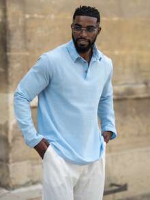 thenoahjr thenoahjr Men's Lightweight Loose Fit Linen Blend Long Sleeve Polo Shirt, Shallow Blue, Half-Zip Design, Breathable & Comfortable, Suitable For Beach & Outdoor Activities (Summer Fabric Is Thin & Slightly Sheer; European & American Sizes Run Larger!! Sleeves Are Longer, Recommend Ordering One Size Smaller!) - Baby Blue - View 1