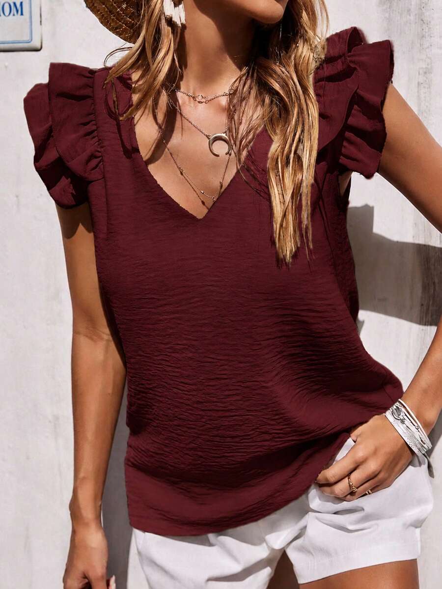 EMERY ROSE Women's Solid Color V-Neck Flutter Sleeve Casual Loose Fit Blouse - Burgundy - View 1