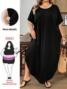 SHEIN CURVE+ 大尺碼度假休閒拼接滾邊洋裝 - 黑與白 - 查看 1