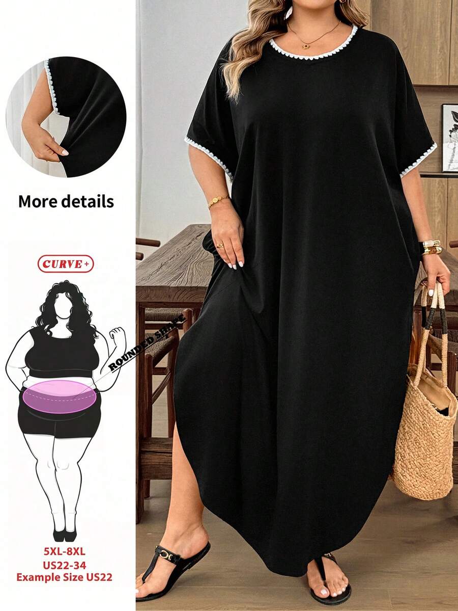 SHEIN CURVE+ 大尺碼度假休閒拼接滾邊洋裝 - 黑與白 - 查看 1