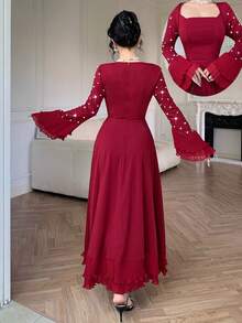 Modelyn Women's Elegant Long Sleeve Square Neck Dress, Rhinestone Embellished Waist-Flattering Slimming Hemline With Ruched Multi-Layer Ruffle Hem, Elegant Long Dress - Burgundy - View 3